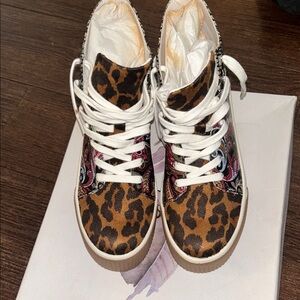 Jessica Simpson Leopard Print High-Top Sneakers with Patterned Accents - Brown